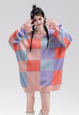 Big check sweater knitted geometric jumper skater top