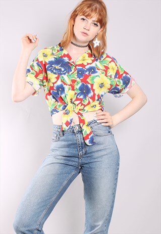 VINTAGE 90S HAWAIIAN PATTERNED TIE UP SHIRT CROP TOP