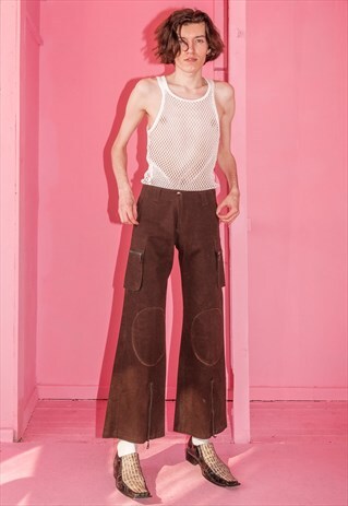VINTAGE BROWN RAVE FLARE CARGO PANTS / 1990S