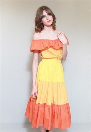 VINTAGE 1970'S PREMIUM YELLOW & ORANGE TIERED MIDI DRESS