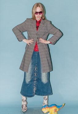 90's Vintage classy long fit plaid blazer coat in grey 