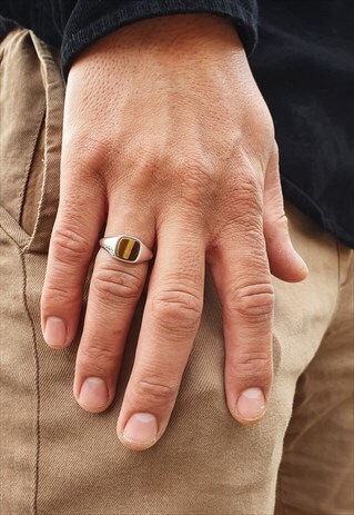 SIGNET STERLING SILVER & TIGER'S EYE RING