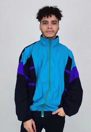 VINTAGE 90'S BLUE, BLACK, PURPLE AND GREEN SHELL JACKET