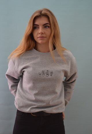 UNISEX SWEATSHIRT IN GREY WITH PLANT EMBROIDERY
