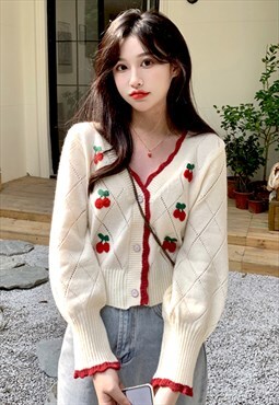 Vintage-inspired Cherry Cropped Knit Cardigan 