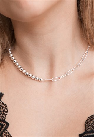 BEAD LINK CHOKER NECKLACE STERLING SILVER