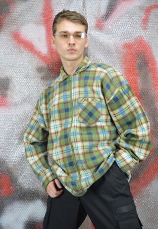 VINTAGE GREEN CLASSIC CHECKERED FLEECE SWEATSHIRT SHIRT