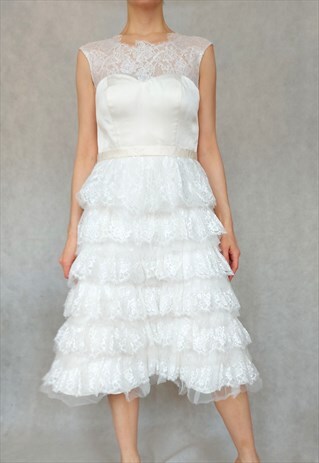 VINTAGE Y2K WHITE MIDI WEDDING GOWN, SHEER LACE LAYER, SIZE