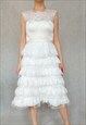 Vintage Y2K White Midi Wedding Gown, Sheer Lace Layer, Size 
