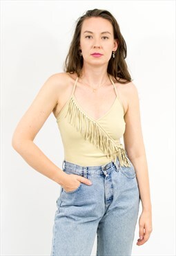 Vintage boho style fringed top in beige