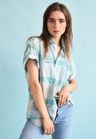 90'S RETRO FESTIVAL CHECKED PRINT OVERSIZED BLOUSE TOP