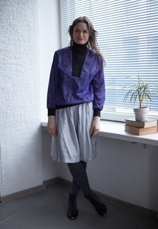 VINTAGE 80'S PURPLE/BLACK WOOD PRINT HIGH COLLLAR JUMPER