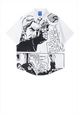Bang shirt comic book rifle applique top in white