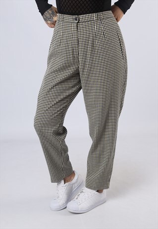 HIGH WAISTED TROUSERS CHECKED WIDE TAPERED LEG UK 16 (CK3X)