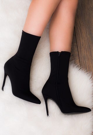 LIVIA POINTED HIGH HEEL STILETTO ANKLE BOOTS - BLACK LYCRA