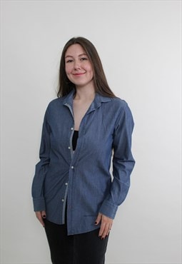 Vintage 90s Casual Button-Up Shirt Blue Cotton