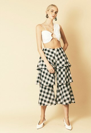 GINGHAM TIERED FLARED CROPPED TROUSERS