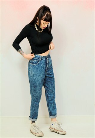 1990S VINTAGE HIGH WAIST DARK BLUE ACID WASH MOM JEANS