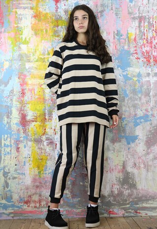 BLACK N BEIGE STRIPED CROP JOGGERS & OS JUMPER CO-ORDINATES