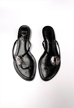 Christian Dior Flip Flops Sandals Black Leather Logo EU 37