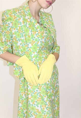 60S VINTAGE YELLOW DARTED DRESS EVENING LEMON GLOVES