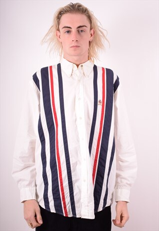 TOMMY HILFIGER MENS VINTAGE SHIRT MEDIUM WHITE STRIPES 90S