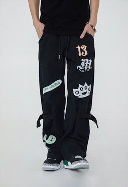 Cargo jean logo denim strap wide pants in black