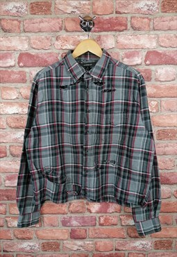 Vintage Reworked Cropped Distressed Ripped Check Plaid Shirt
