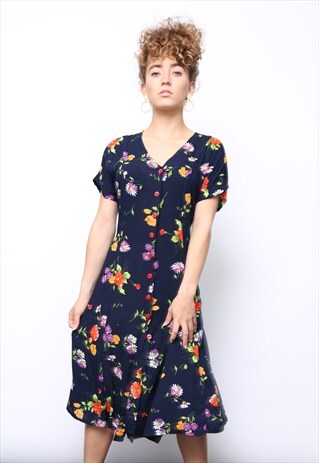 VINTAGE 90S DARK FLORAL PRINT BUTTON MIDI DRESS