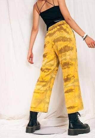 Vintage Trousers Y2K Reworked Tie Dye Wide Leg Pants Yellow