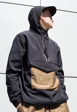 Black Patchwork Fleece Hooded Windbreaker Jacket Y2k