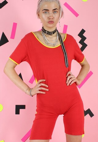 VINTAGE 90S PLAYSUIT BODYSUIT FESTIVAL RED YELLOW STRIPE
