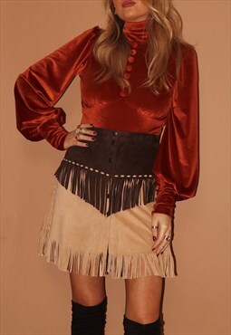 Vintage 70s suede tassel western fringed popper mini skirt -