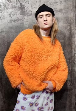 Wide fleece sweater drop shoulder fluffy jumper in orange