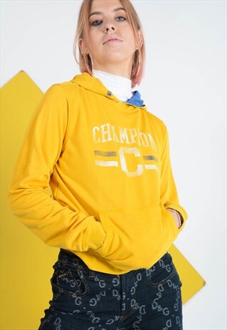 VINTAGE CHAMPION SPELL OUT HOODIE IN YELLOW WITH LOGO.