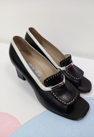 Vintage 90s Baldinini Loafer Heels Black White Leather 