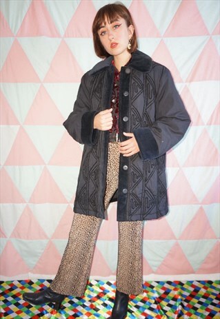 VINTAGE 90S BLACK EMBROIDERED VELVET PADDED COAT