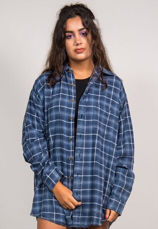 VINTAGE 90'S BLUE CHECKED LONG SLEEVE OVERSIZED SHIRT