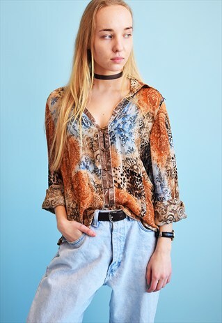 90'S BIBA ANIMAL & FLORAL PATTERN SHEER OVERSIZED SHIRT