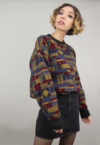 VINTAGE 80S 90S OVERSIZED PATTERNED KNIT WOOL JUMPER