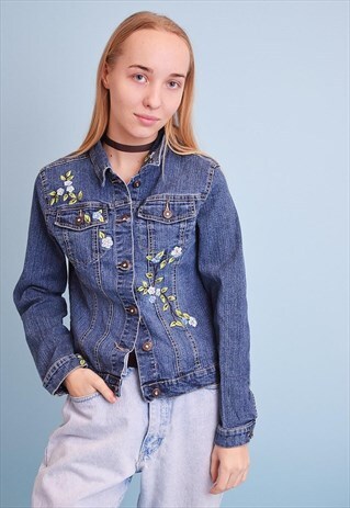 90'S RETRO STONEWASH FLORAL EMBROIDERY DENIM JACKET TOP