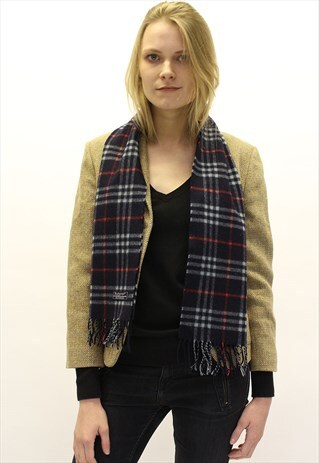VINTAGE LAMBSWOOL-CASHMERE CHECKED SCARF NAVY-AS82