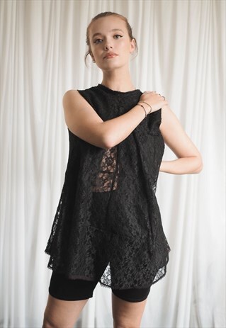 VINTAGE 90S BLACK LACE TUNIC STYLE TOP