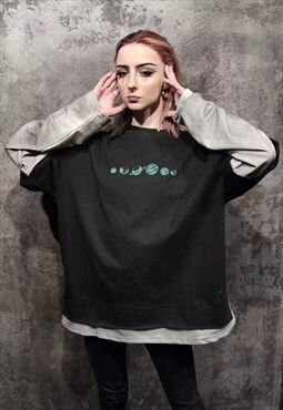 Planet sweatshirt space print y2k stitched top black grey