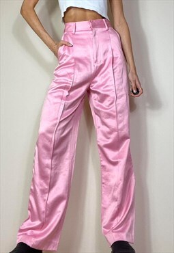 Vintage Y2K 00's Satin High Waisted Wide Leg Trousers Pink