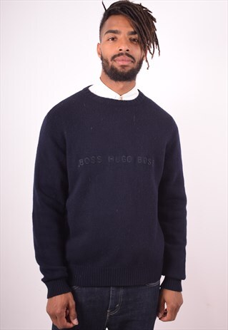 HUGO BOSS MENS VINTAGE JUMPER SWEATER MEDIUM NAVY BLUE 90S