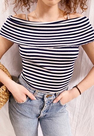 VINTAGE 80S PARISIAN NAUTICAL BOHEME RIBBED BLOUSE TOP