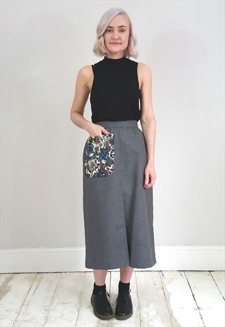 VINTAGE 80'S GREY REWORKED WOOL SKIRT WITH PATCH POCKET