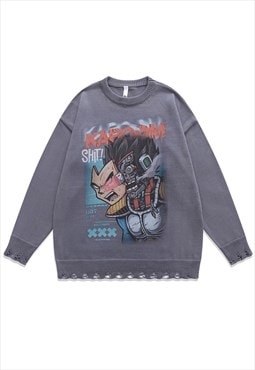 Anime sweater knit distressed jumper Dragon ball top grey