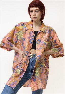 Vintage 90s Abstract MultiColor Silky Short Sleeve 19031